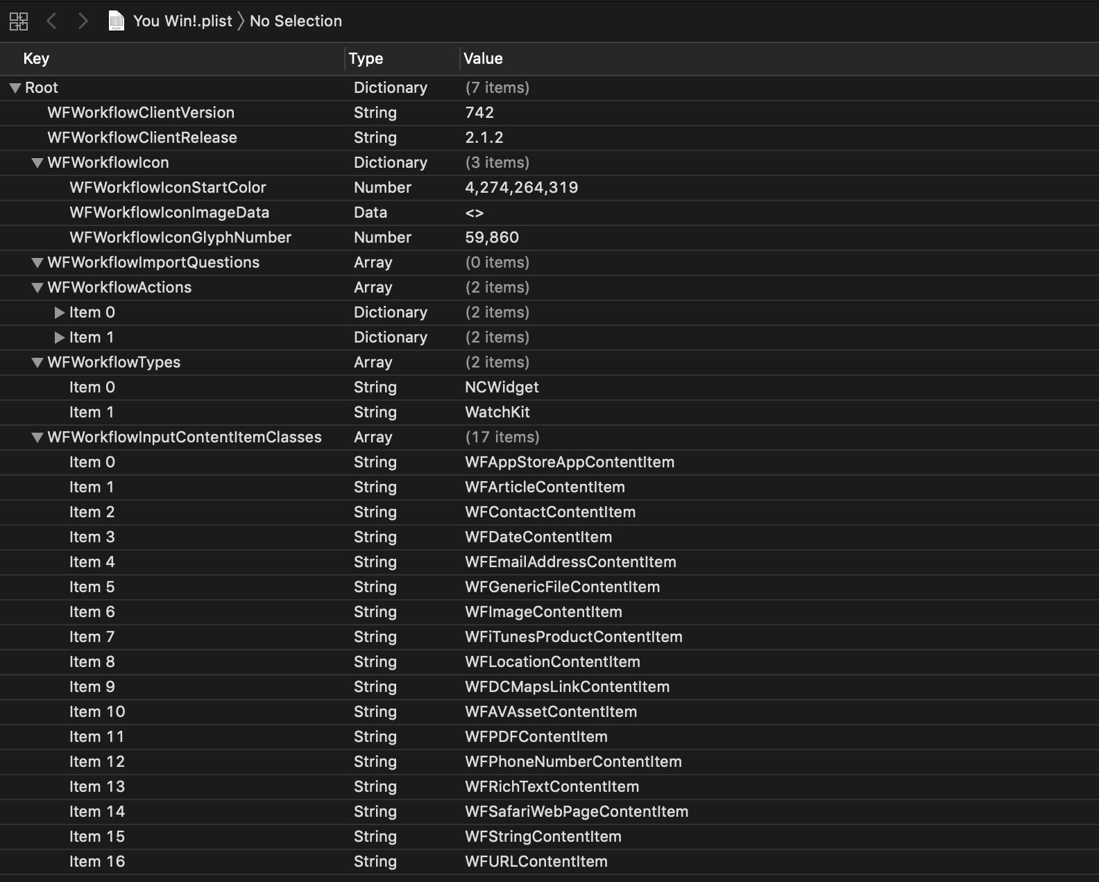 A .bplist file, opened in XCode