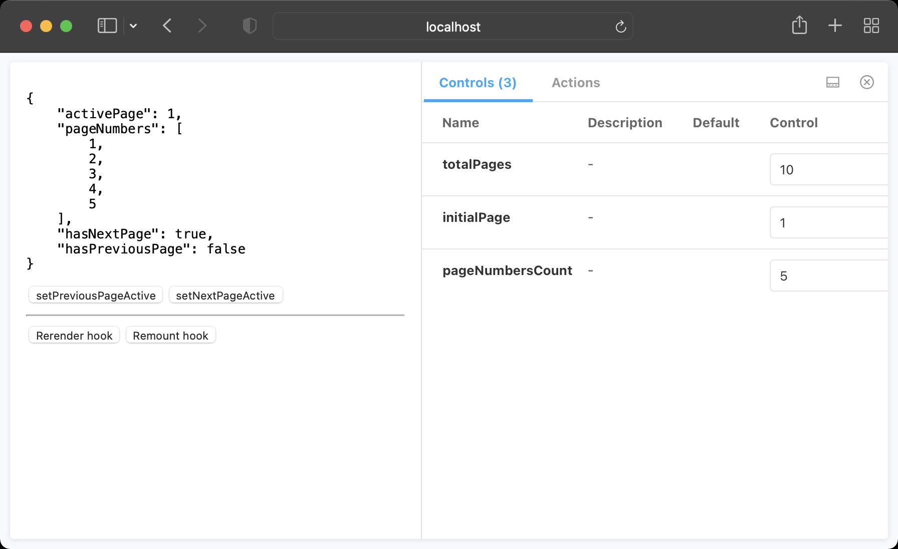 The stories for a use pagination Hook total pages control set to 10, the initial page control set to 1, and the page numbers count control set to 5. A JSON stringified object is displayed showing the outputted data from the Hook in a readable format.
