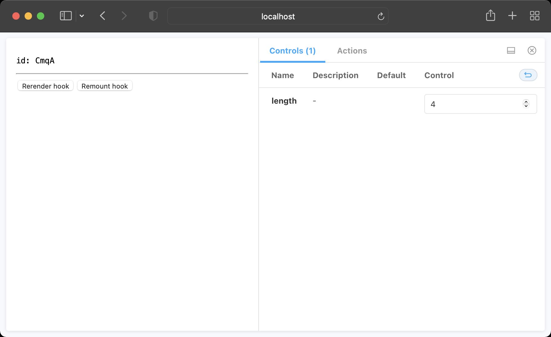 The stories for our custom Hook with the length control set to 4. A 4 character ID is displayed along with two buttons, labelled Rerender Hook and Remount Hook respectively.