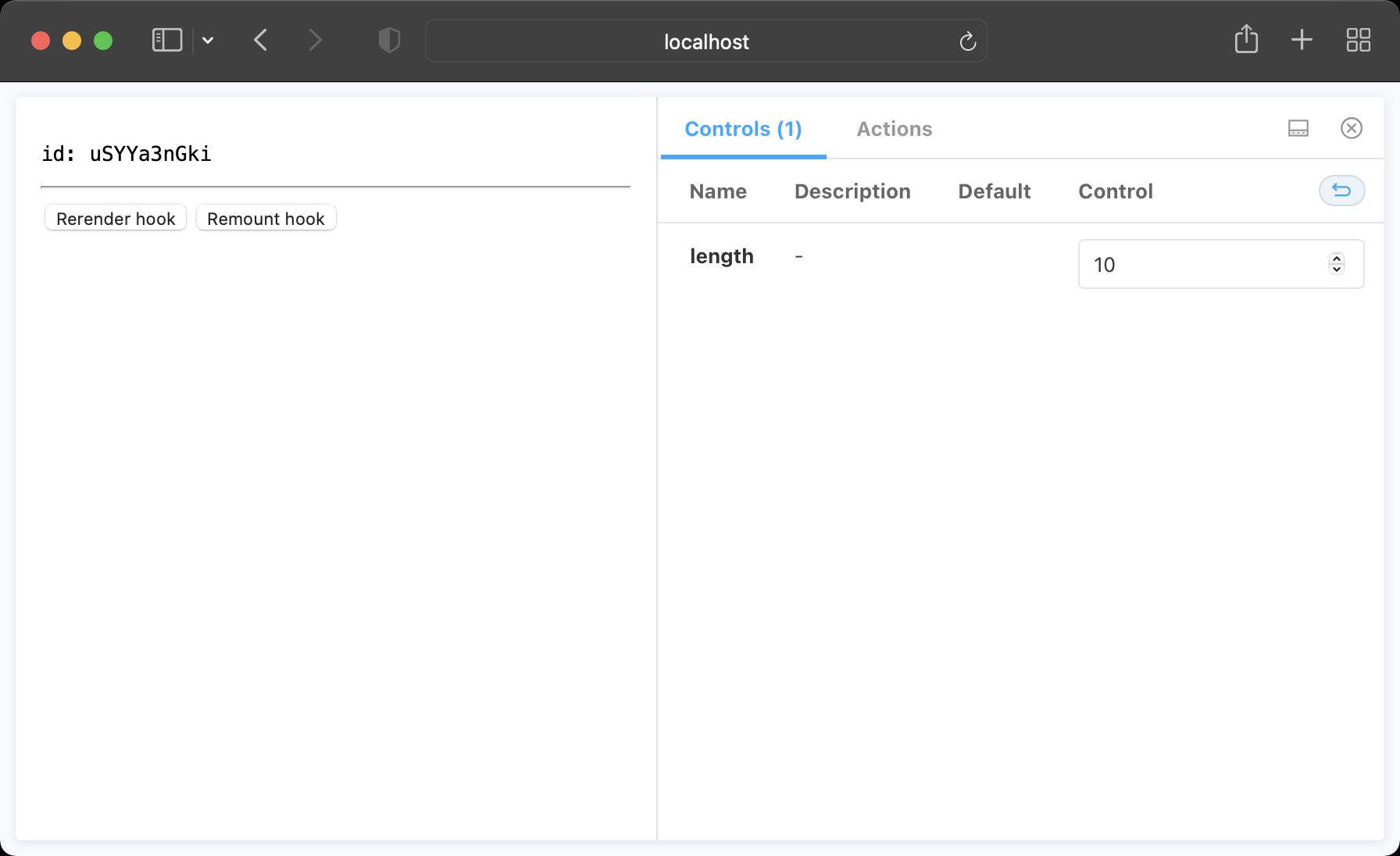 The stories for our custom Hook with the length control set to 10. A 10 character ID is displayed along with two buttons, labelled Rerender Hook and Remount Hook respectively.